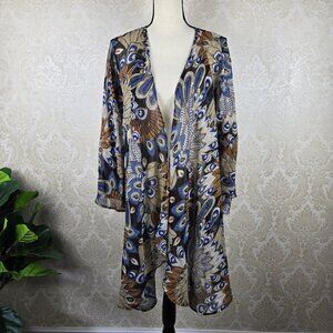 Unbranded Size 2XL Sheer Open Front Kimono Colorful Feather Pattern Flare Sleeve